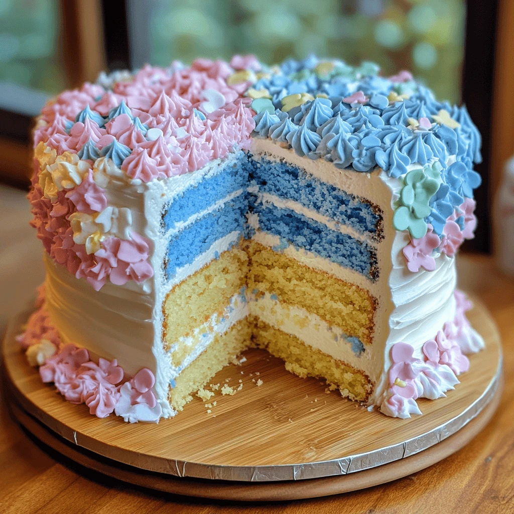 Gender reveal cake with pink and blue filling, decorated with a ‘It’s a Girl’ topper.