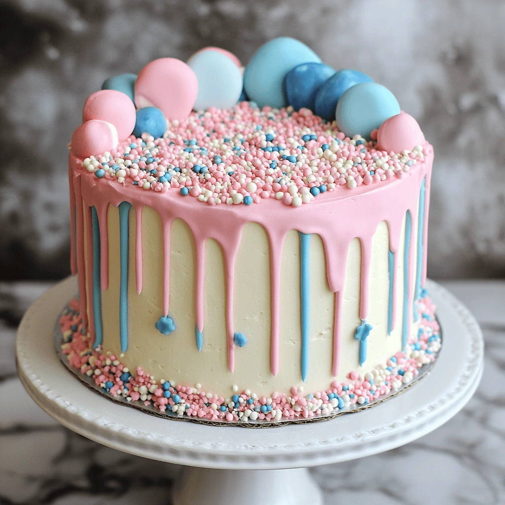 Gender reveal cake with colorful pink and blue layers and a 'Boy or Girl?' topper.