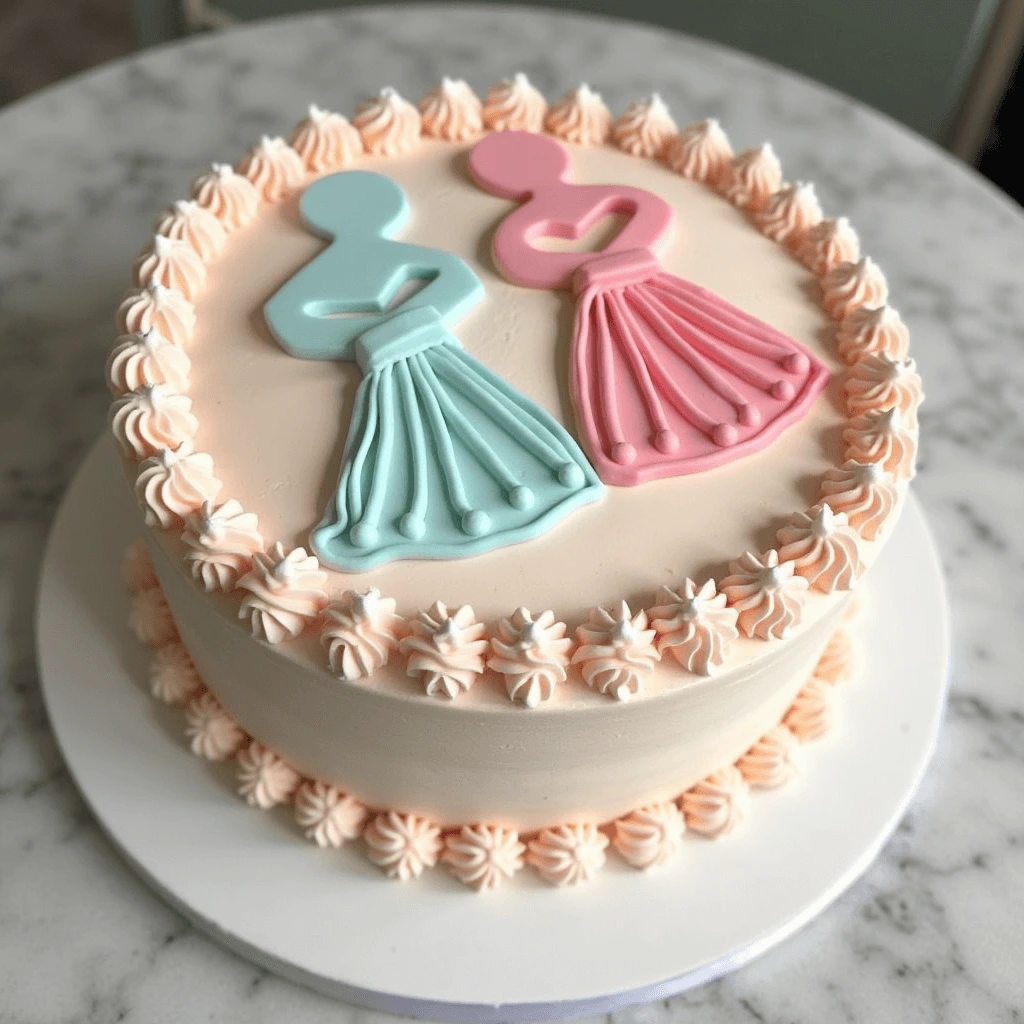 Gender reveal cake with blue and pink filling spilling out when cut.