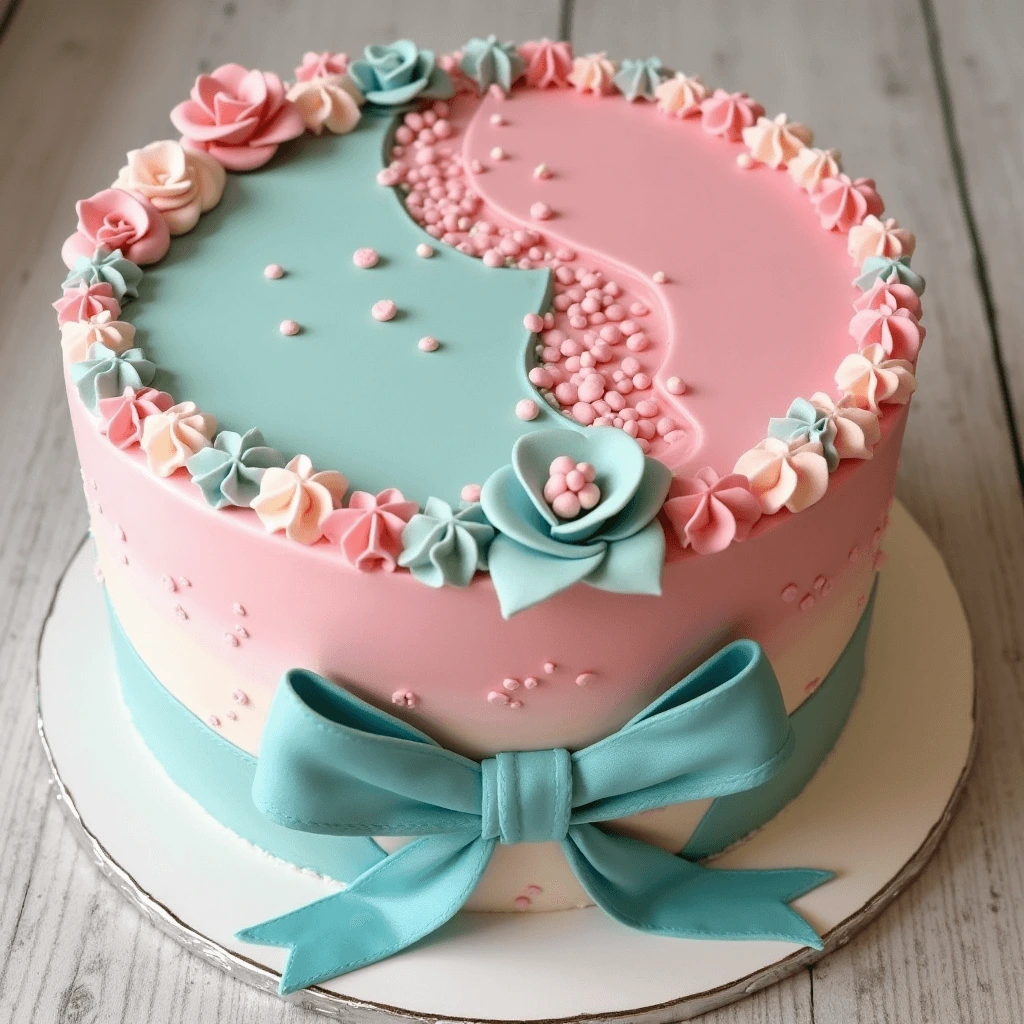 Gender reveal cake with blue or pink filling hidden inside, decorated with a ‘Boy or Girl?’ topper.