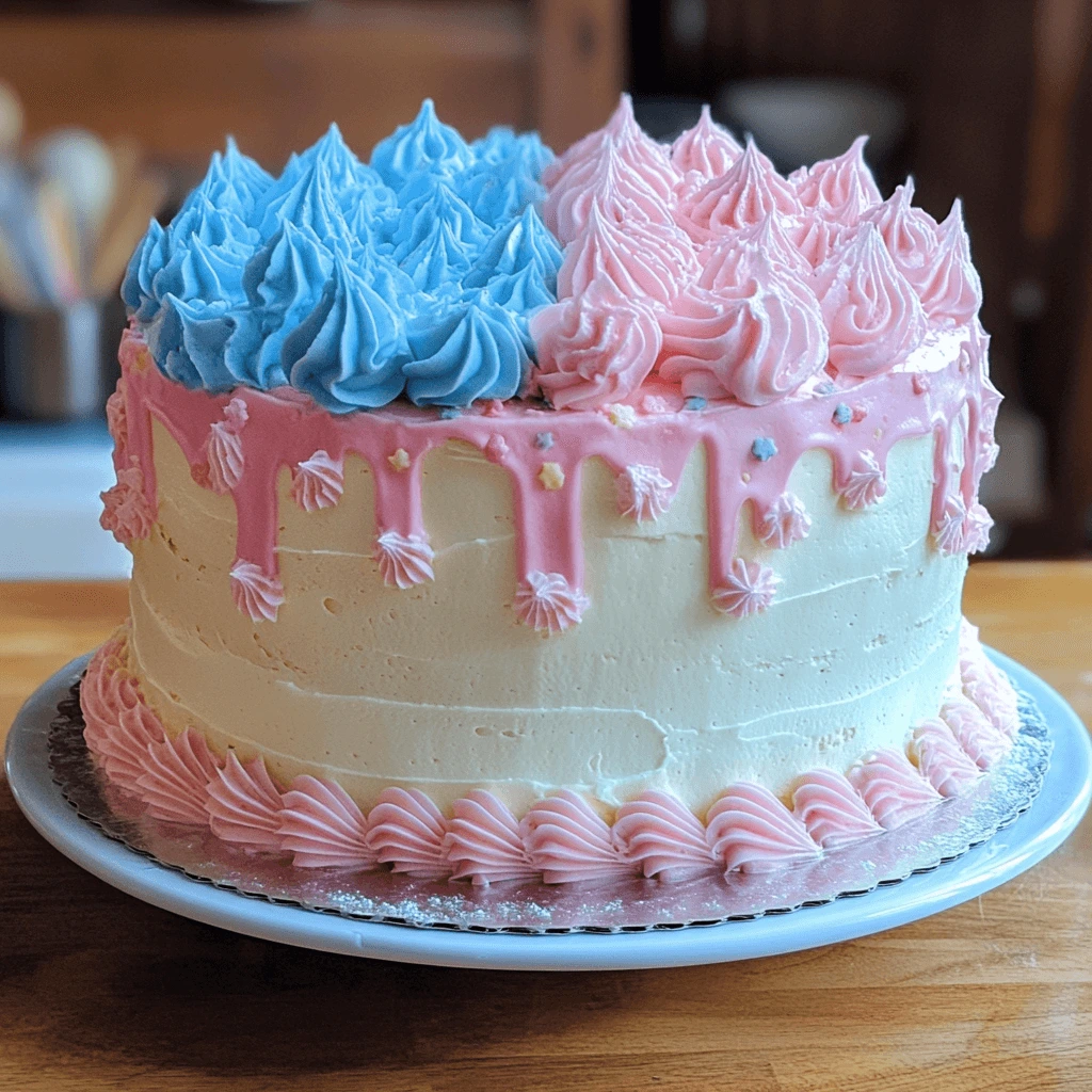 Gender reveal cake with a pink or blue filling that spills out when cut.