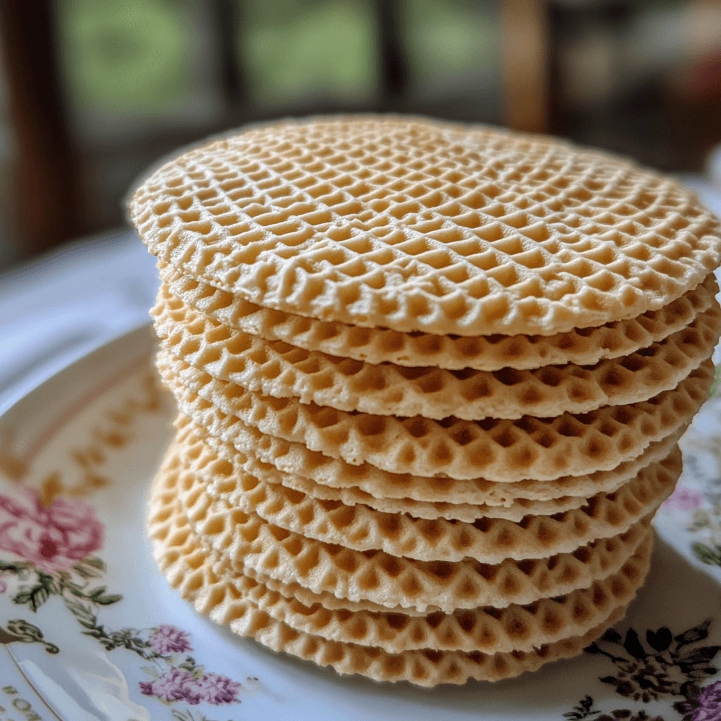 A stack of golden, crispy wafer cookies neatly arranged on a decorative floral plate.