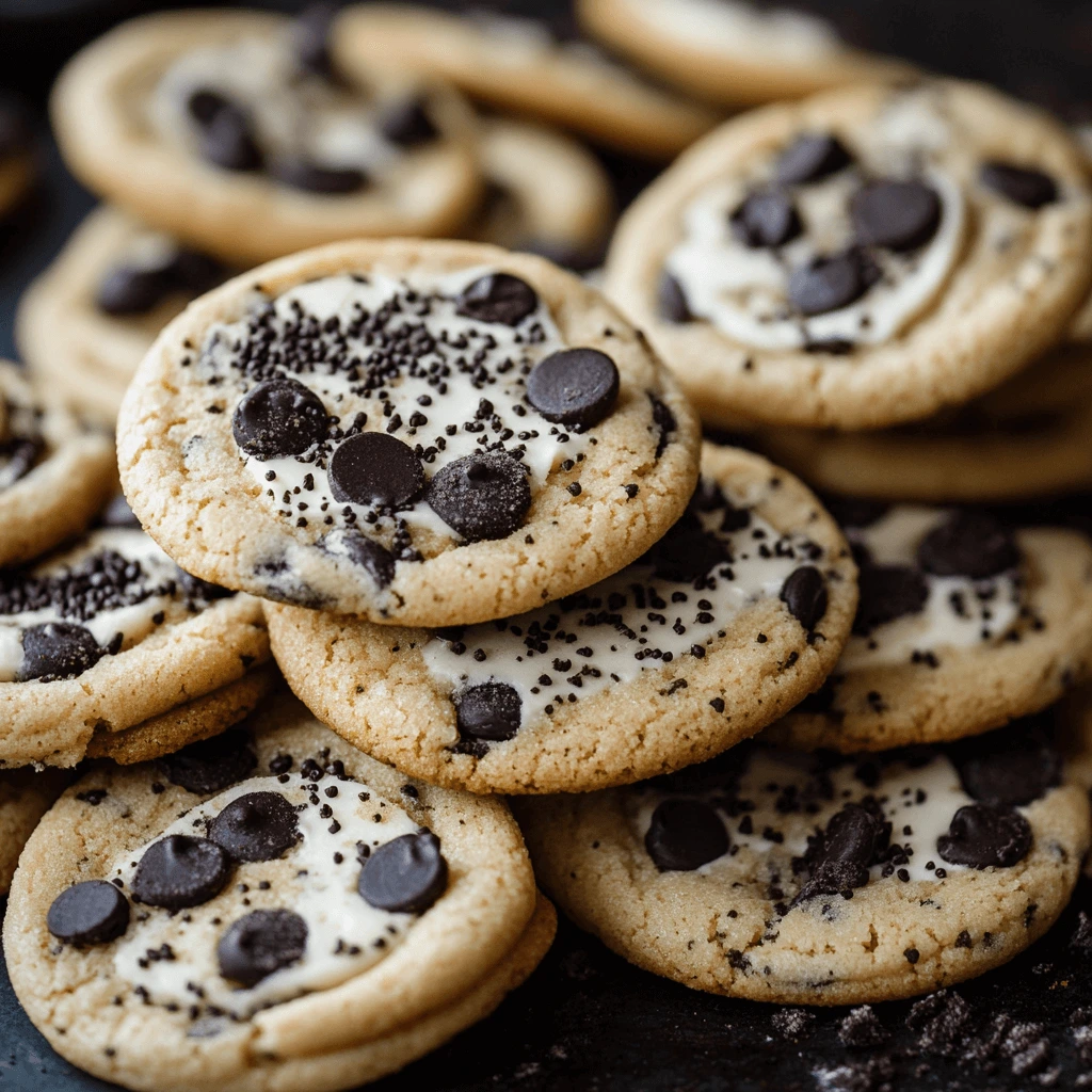 Close-up of cookies with a cookies and cream filling, topped with chocolate chips.