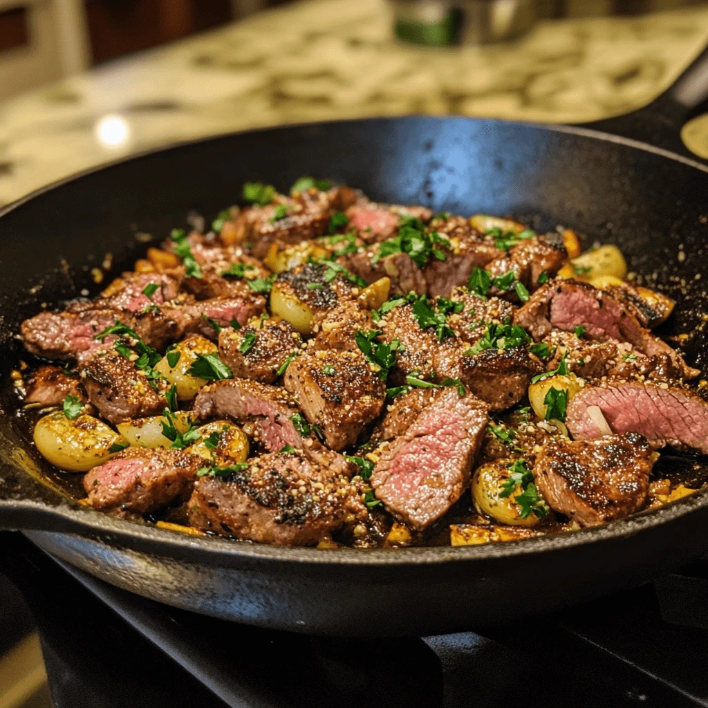 Juicy steak bites with garlic and herbs cooked in a cast-iron skillet.