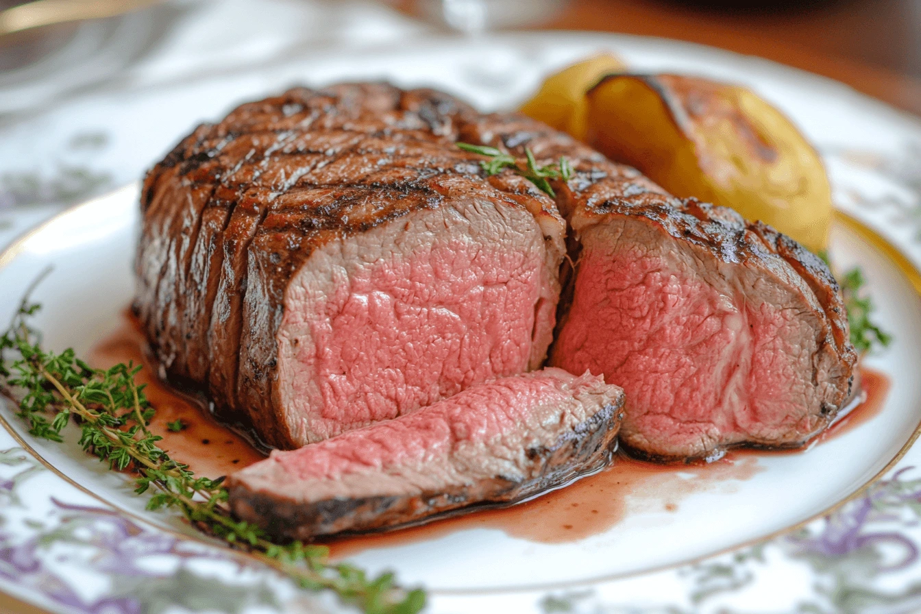 A perfectly seared Delmonico steak cooked to medium-rare, served on a white plate with fresh thyme sprigs and a roasted side vegetable.