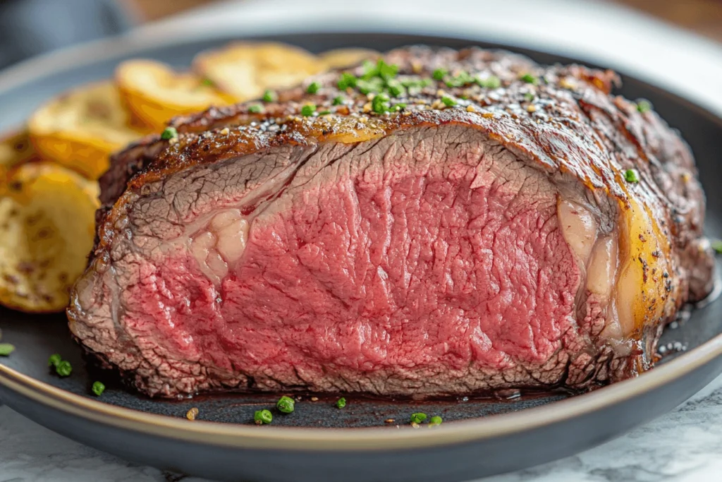 A perfectly cooked Delmonico steak, showcasing its tender medium-rare center, served with roasted potatoes and garnished with fresh chives.