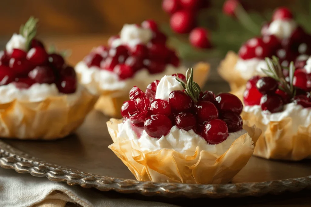 Cranberry goat cheese phyllo cups with cranberry sauce and nuts, perfect for Thanksgiving.