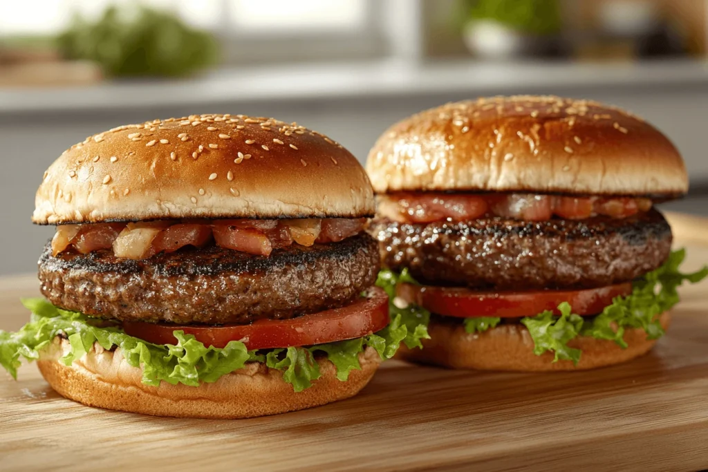 Two classic beef burgers with lettuce, tomato, and caramelized onions on sesame seed buns.