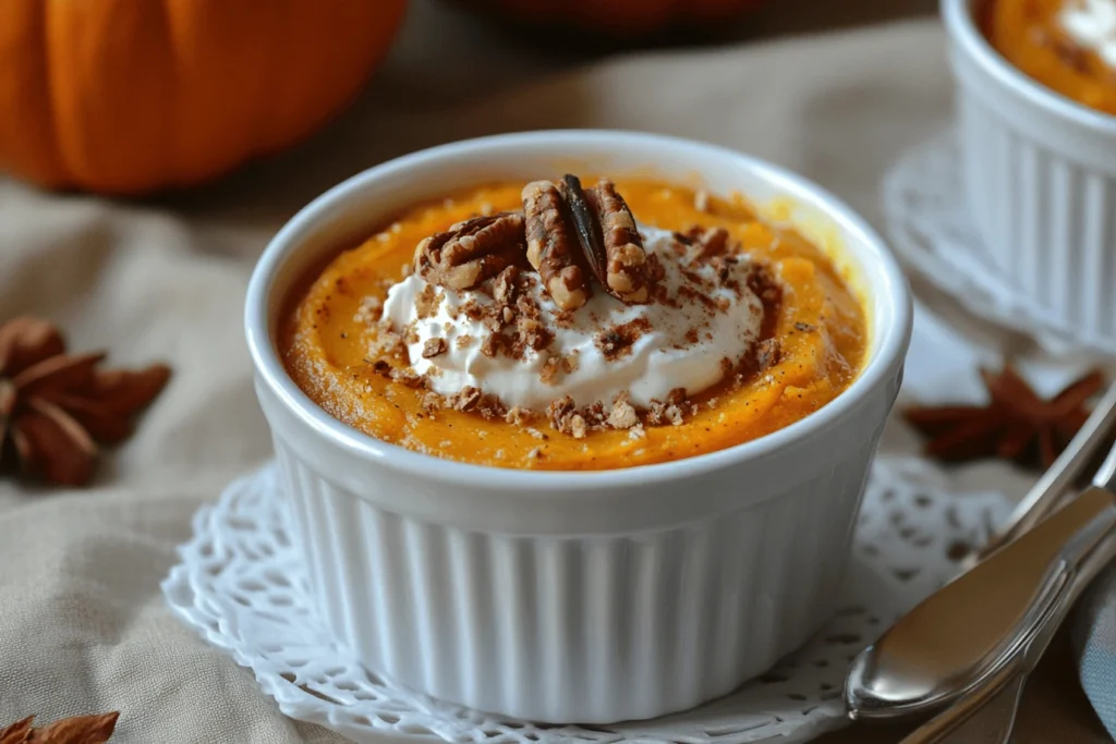 Microwave pumpkin dessert topped with whipped cream, pecans, and cinnamon in a white ramekin.