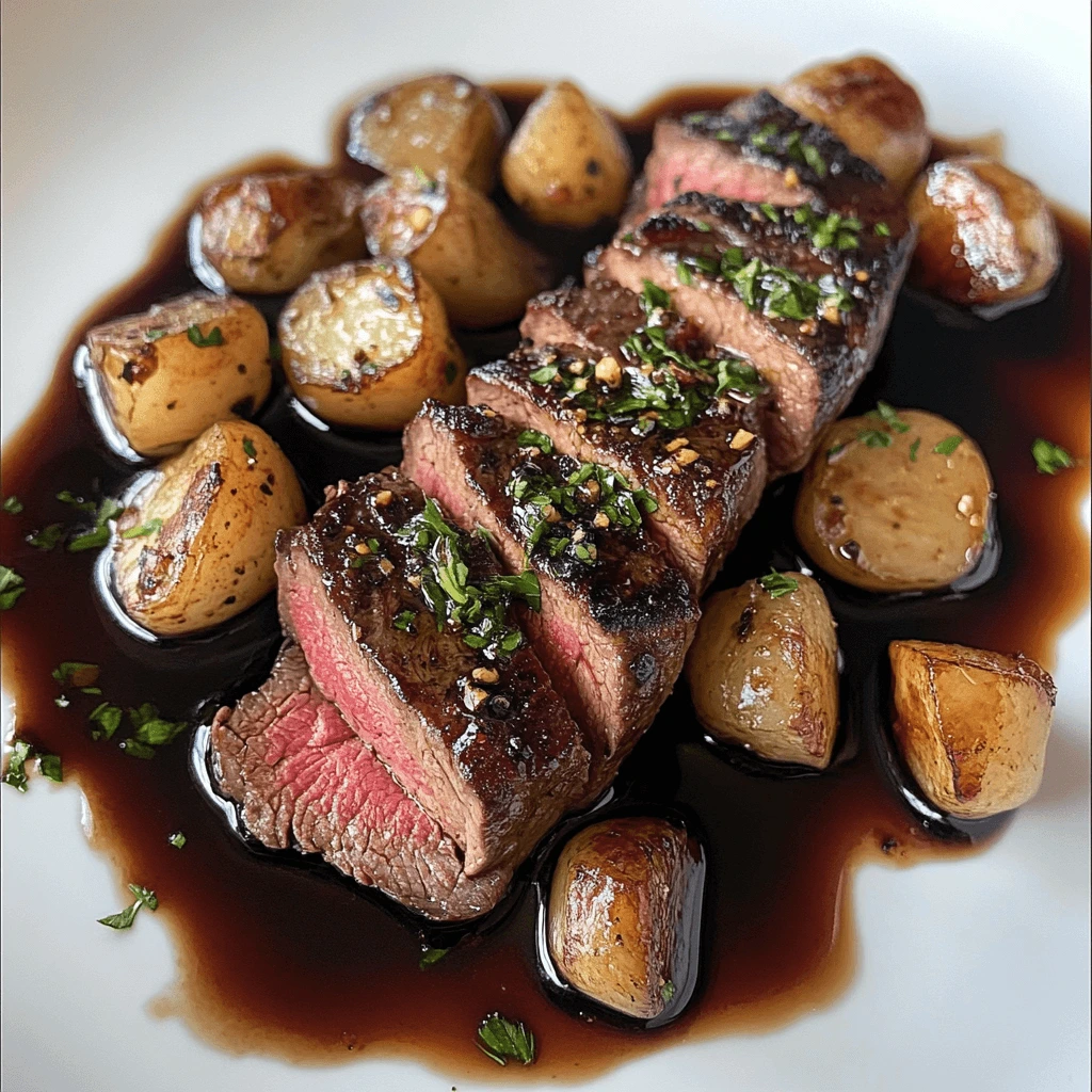 Sliced medium-rare Delmonico steak served with roasted baby potatoes and drizzled with a rich, glossy red wine reduction.