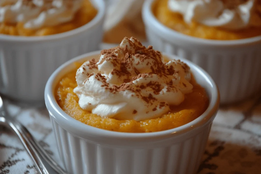 Microwave pumpkin desserts topped with whipped cream and a sprinkle of cinnamon in white ramekins.