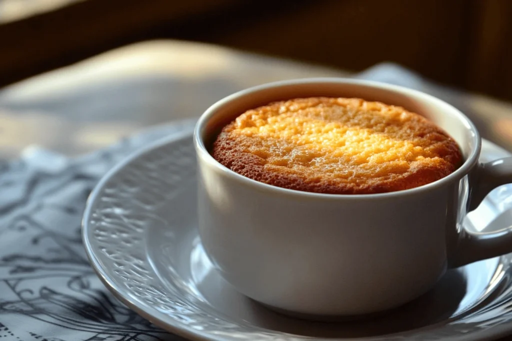 Golden pumpkin dessert baked in a mug, served on a white plate in natural sunlight.