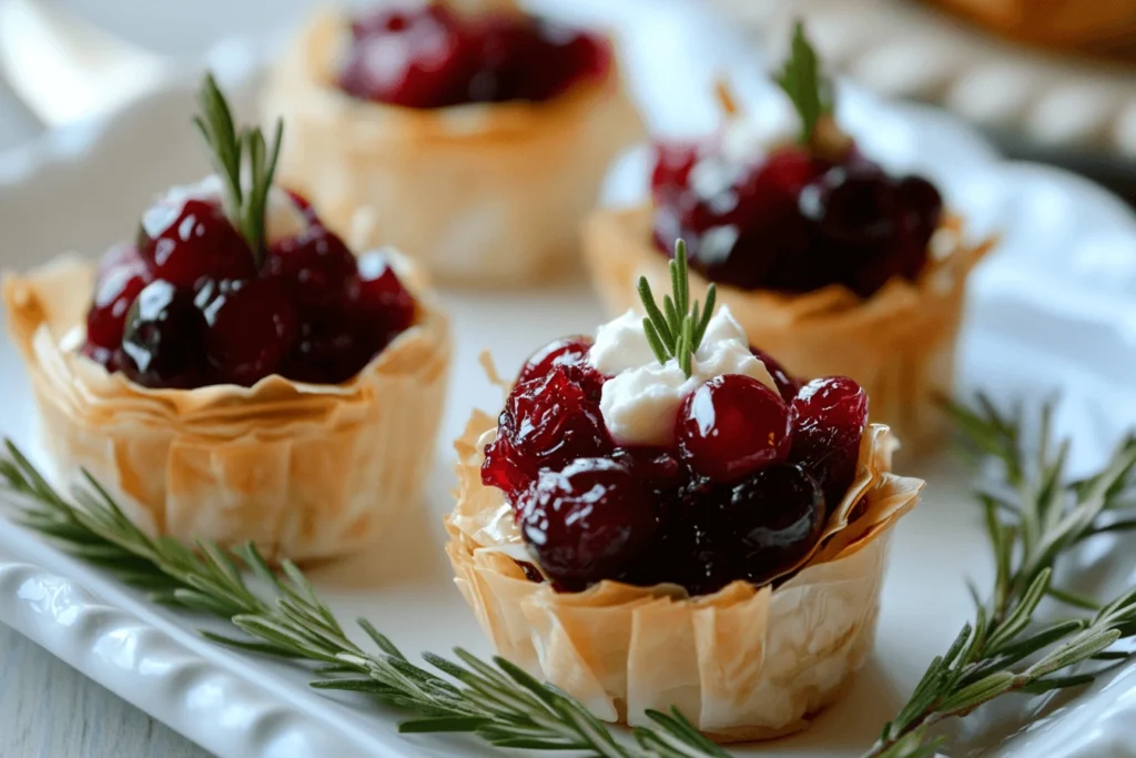 Cranberry goat cheese phyllo cups, a delicious Thanksgiving appetizer with cranberry sauce and nuts.