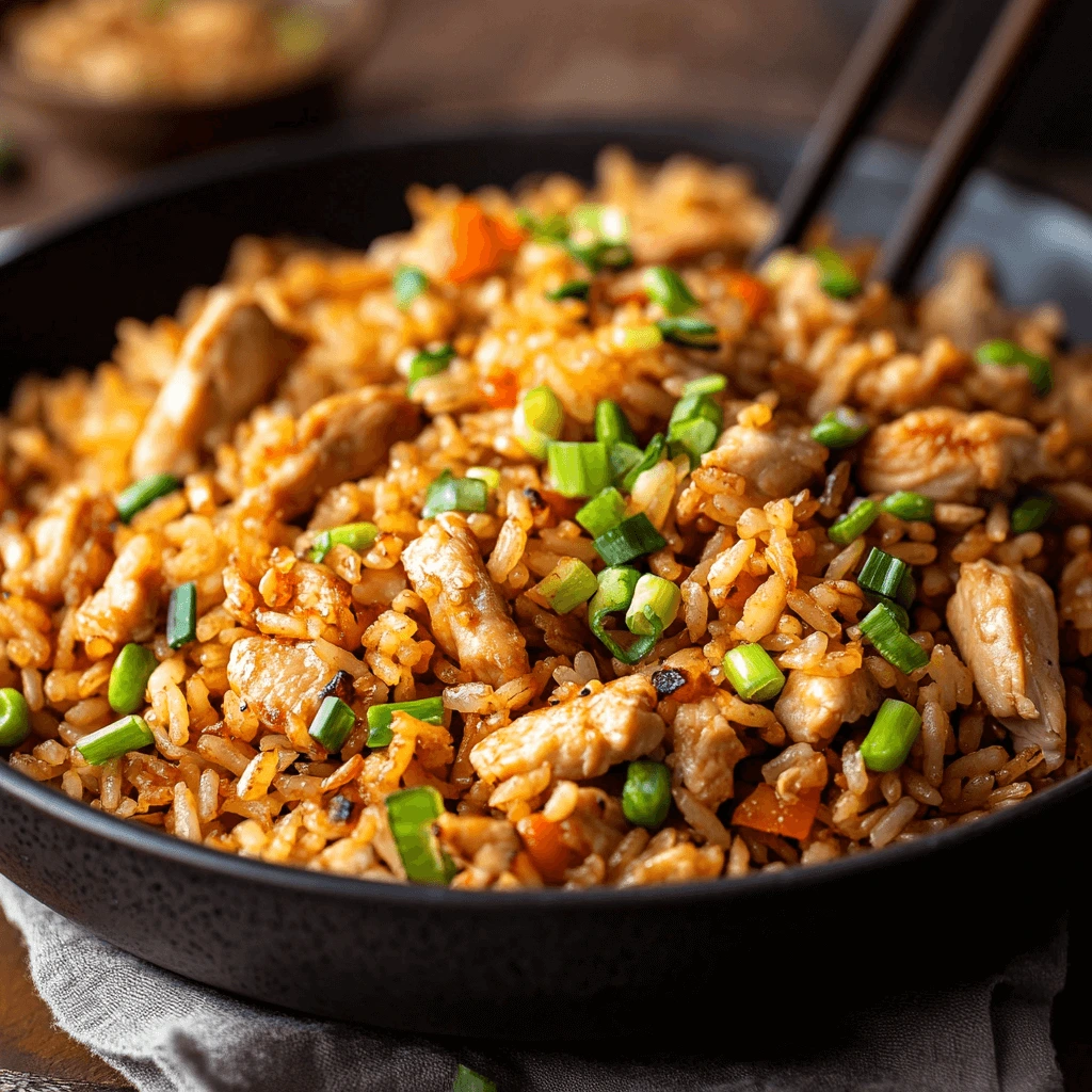 Delicious Benihana Chicken Fried Rice served with grilled chicken and colorful vegetables.