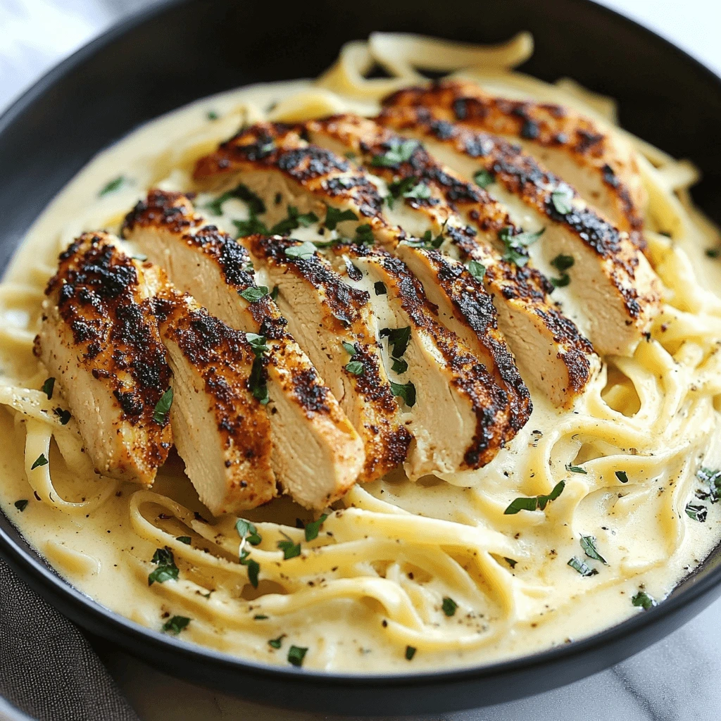 Plate of blackened chicken alfredo served with creamy pasta and fresh parsley garnish.