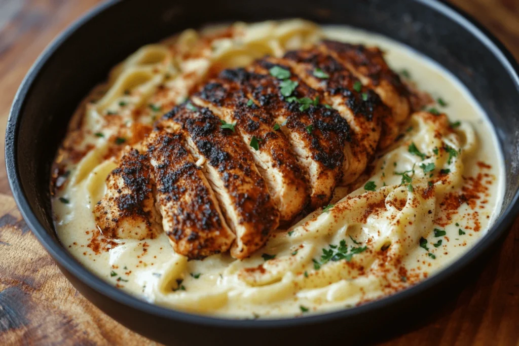 Delicious blackened chicken alfredo with creamy pasta and a garnish of fresh parsley.