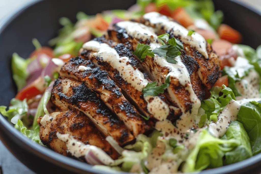 Blackened chicken alfredo served with creamy pasta, garnished with fresh parsley.