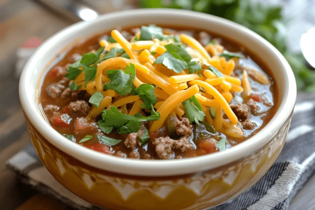 A steaming bowl of busy day soup with tender vegetables, hearty meat, and a rich broth, served with bread on the side.