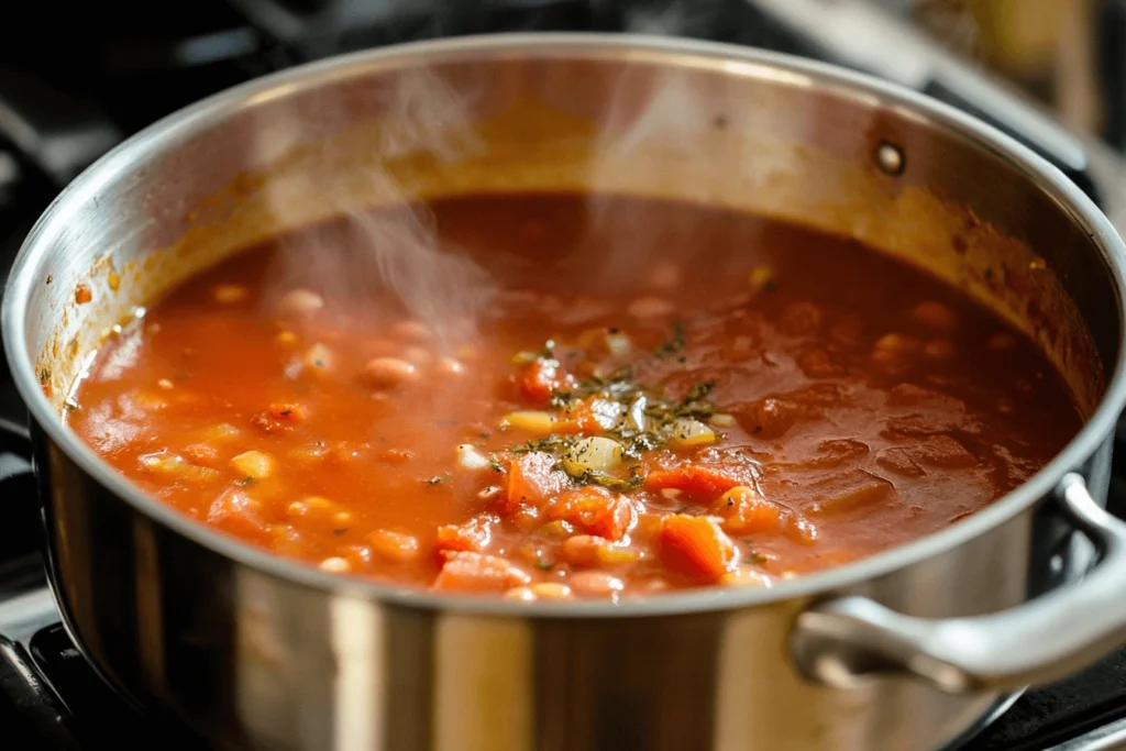 A hearty bowl of busy day soup with vegetables, meat, and a flavorful broth, garnished with fresh herbs and served with bread.