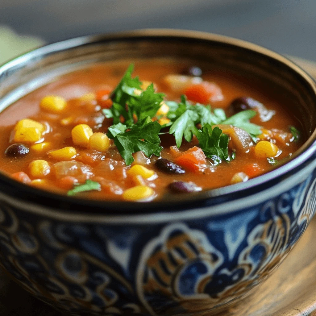 A bowl of hearty busy day soup filled with vegetables, beans, and tender meat, served with crusty bread on the side.