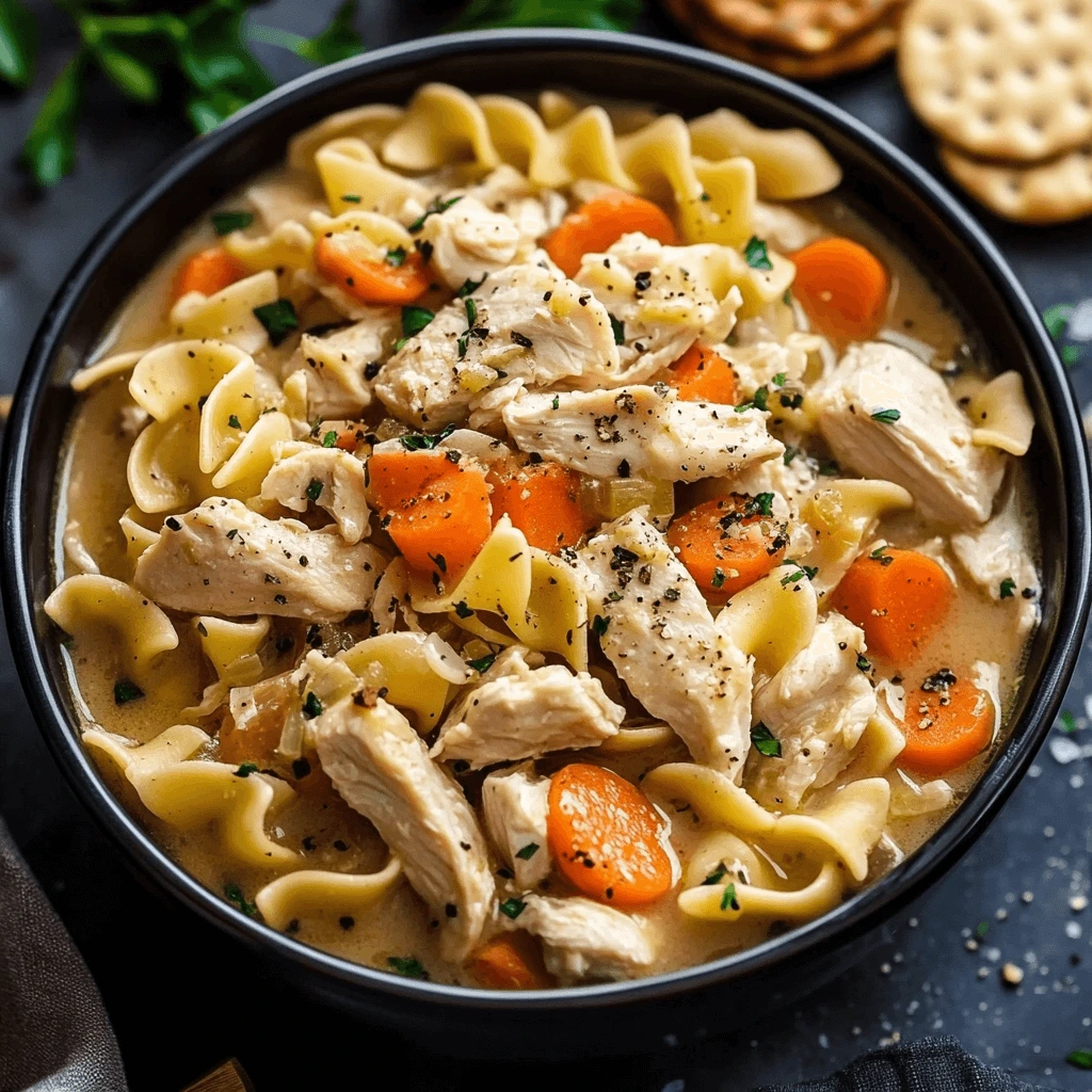 A steaming bowl of homemade chicken noodle soup with chicken, carrots, celery, and egg noodles.