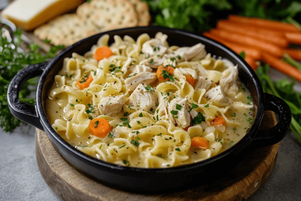 A bowl of homemade chicken noodle soup with shredded chicken, carrots, celery, and egg noodles in a savory broth.