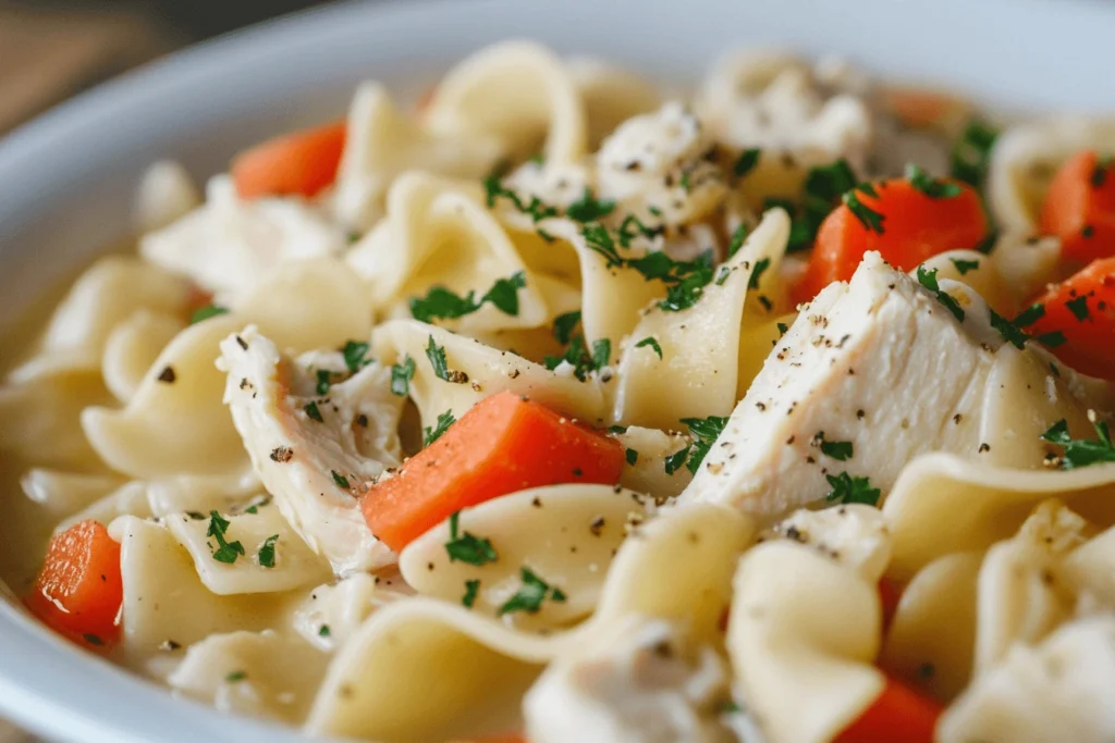 A bowl of Chick-fil-A inspired chicken noodle soup, with tender chicken, vegetables, and egg noodles in a warm broth.