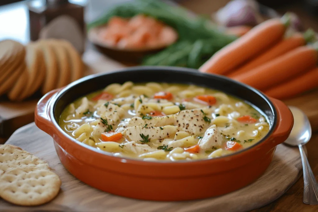 A hearty bowl of Chick-fil-A inspired chicken noodle soup with shredded chicken, vegetables, and egg noodles in a rich broth.