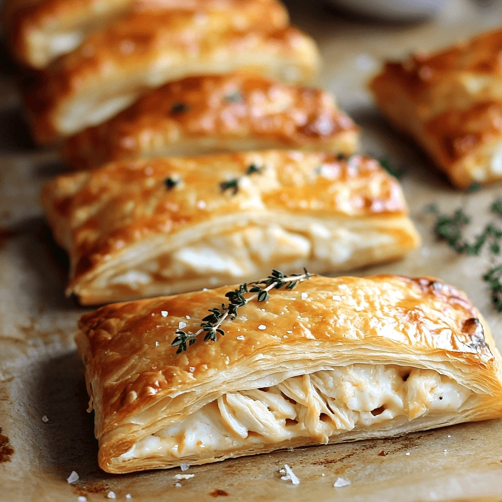 Golden, flaky Chicken and Cheese Jalouise sliced open, revealing a creamy, cheesy chicken filling.