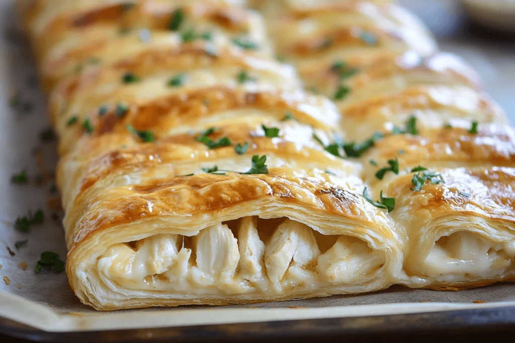 Golden Chicken and Cheese Jalouise with flaky pastry and creamy filling, ready to serve.