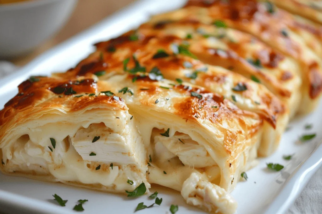 Chicken and Cheese Jalouise with a golden, flaky pastry crust and creamy chicken filling