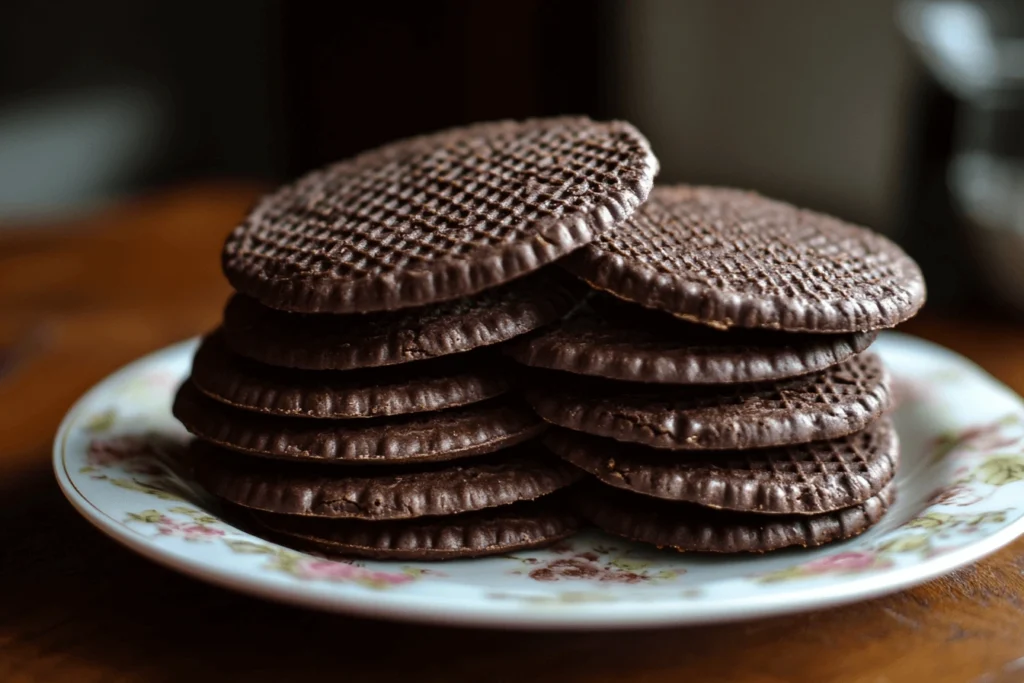 A stack of rich, chocolate wafer cookies arranged neatly on a floral-patterned plate.