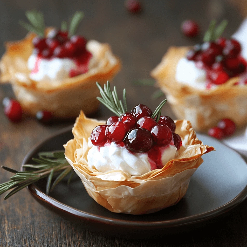 Cranberry recipes for Thanksgiving cups with phyllo dough and goat cheese, garnished with cranberries and nuts.