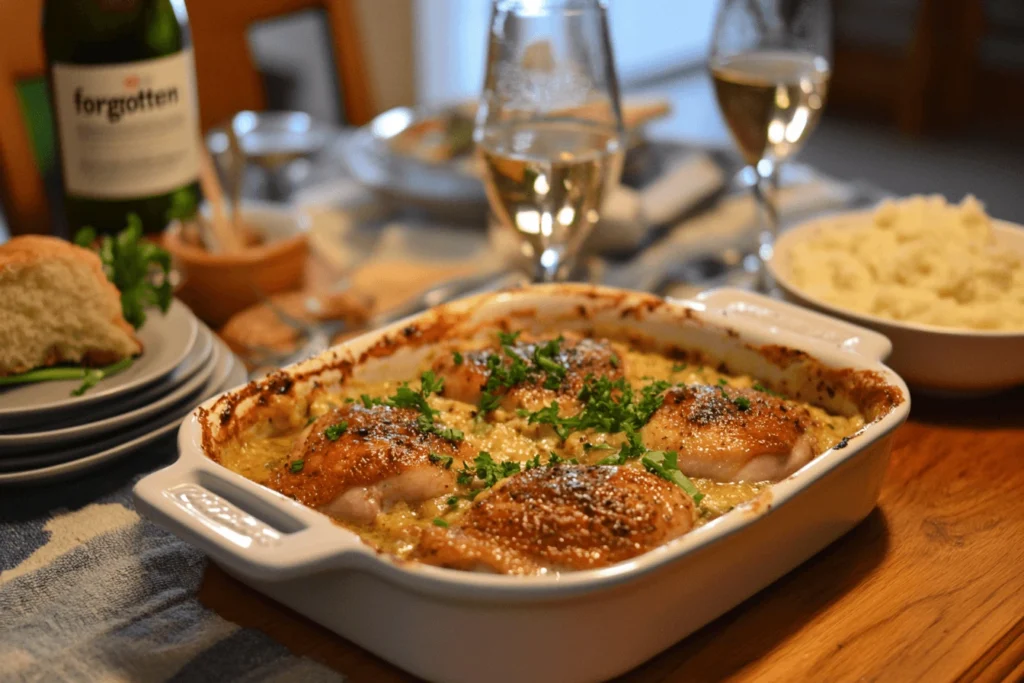 A flavorful forgotten chicken recipe with chicken, rice, and creamy sauce baked in a casserole dish.