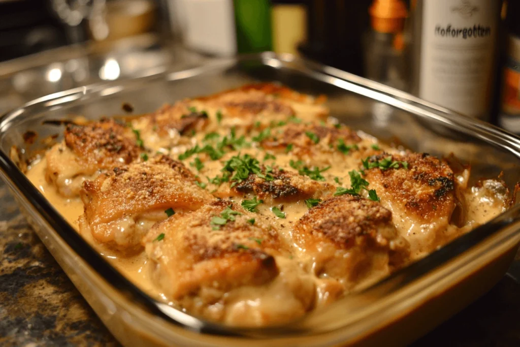 A hearty forgotten chicken recipe with tender chicken, rice, and creamy soup mixture, served in a casserole dish.