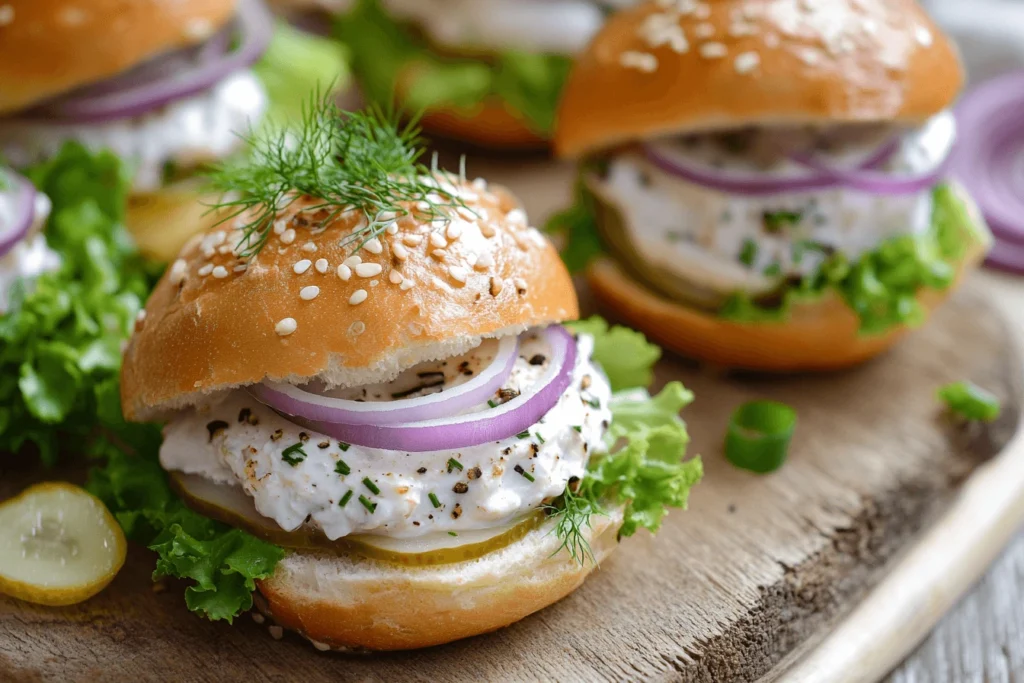 Delicious Matjesbrötchen sandwich with fresh herring, onions, pickles, and a creamy sauce on a crusty bread roll.