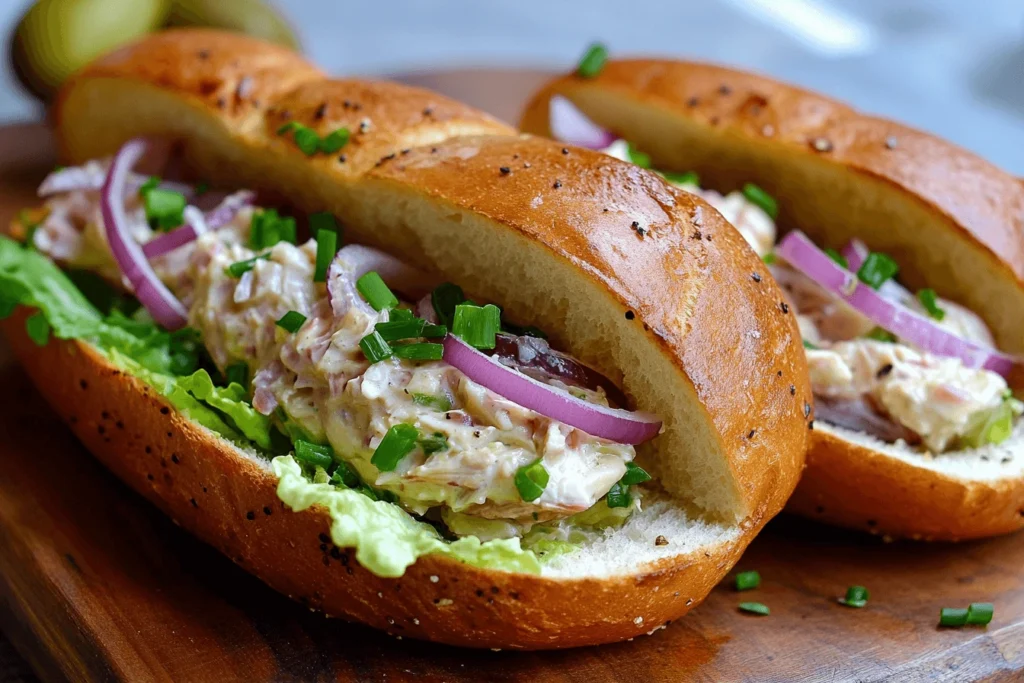 Close-up of Matjesbrötchen with herring fillet, pickles, red onions, and creamy sauce in a toasted bread roll.