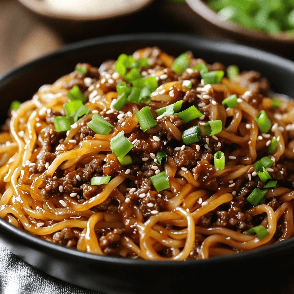 A bowl of Mongolian ground beef noodles topped with green onions and sesame seeds, served in a dark bowl with chopsticks.