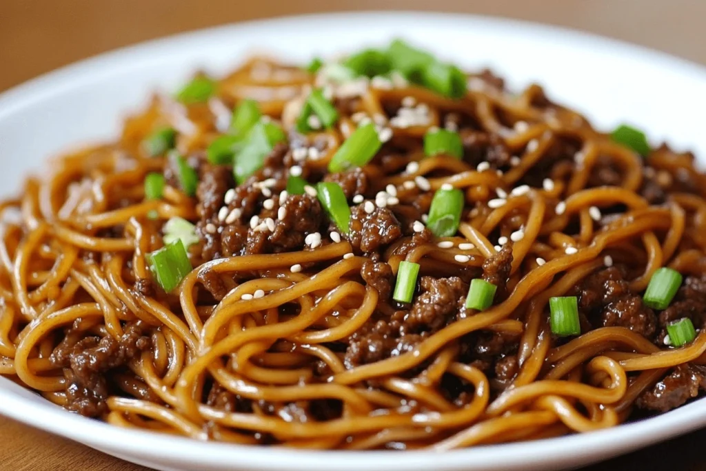 A bowl of Mongolian ground beef noodles with a savory sauce, garnished with green onions and sesame seeds, served with chopsticks.