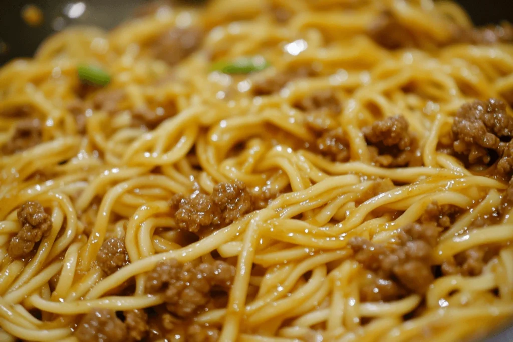 A bowl of Mongolian ground beef noodles coated in a savory sauce, garnished with sesame seeds and green onions, served with chopsticks.