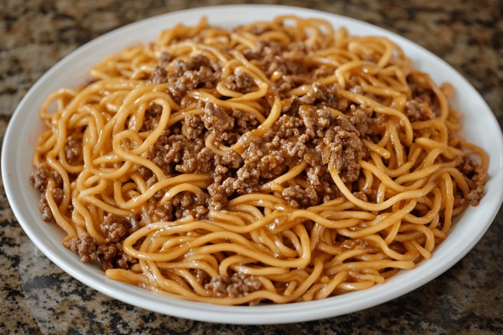 A bowl of Mongolian ground beef noodles tossed in a rich, savory sauce, garnished with green onions and sesame seeds, served with chopsticks.