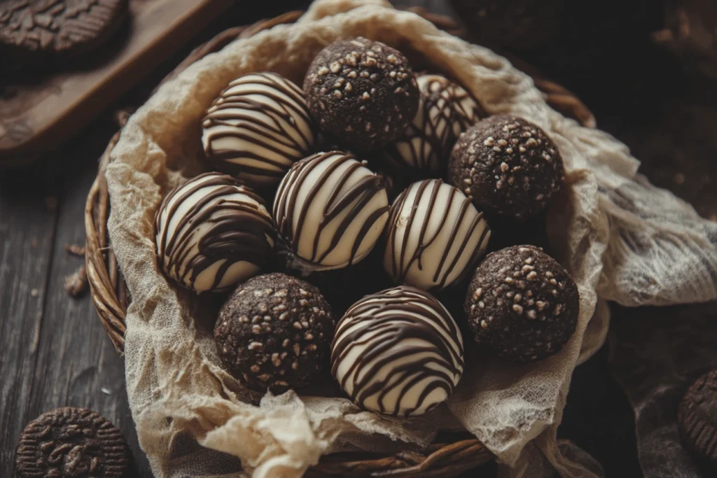 Basket of chocolate-covered truffles with white and dark chocolate drizzle, featuring a mix of smooth and textured surfaces.