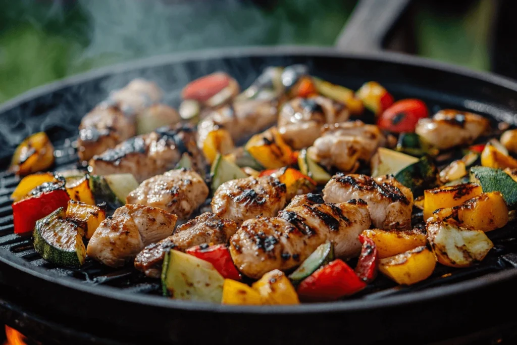 Grilled chicken pieces and colorful vegetables sizzling on a barbecue grill.