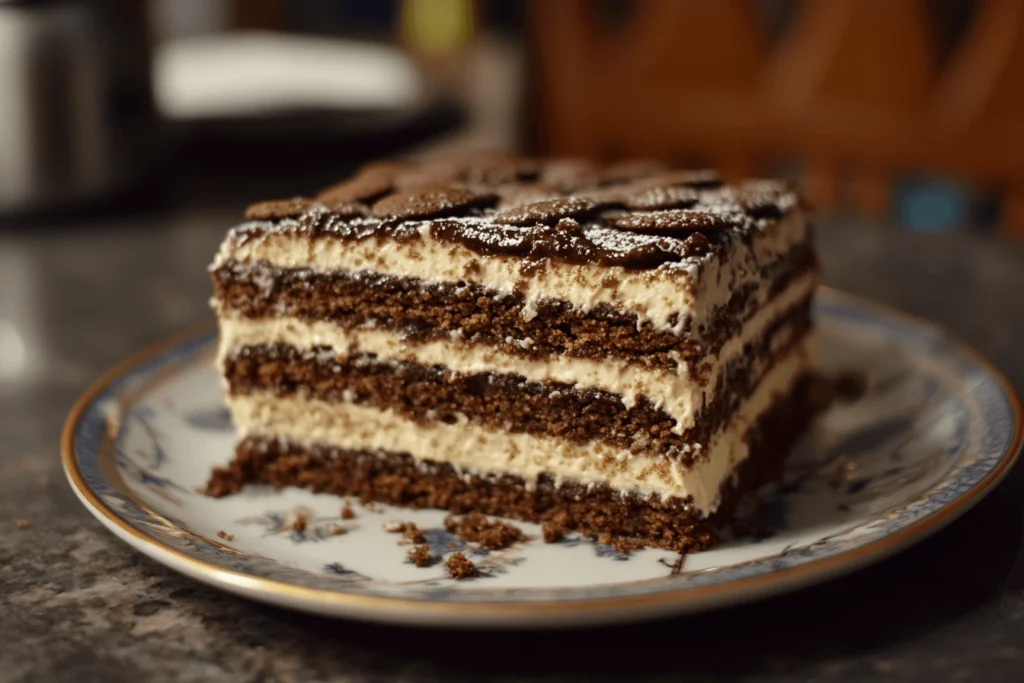 Close-up of a slice of cookies & cream layered cake with chocolate and cream layers.