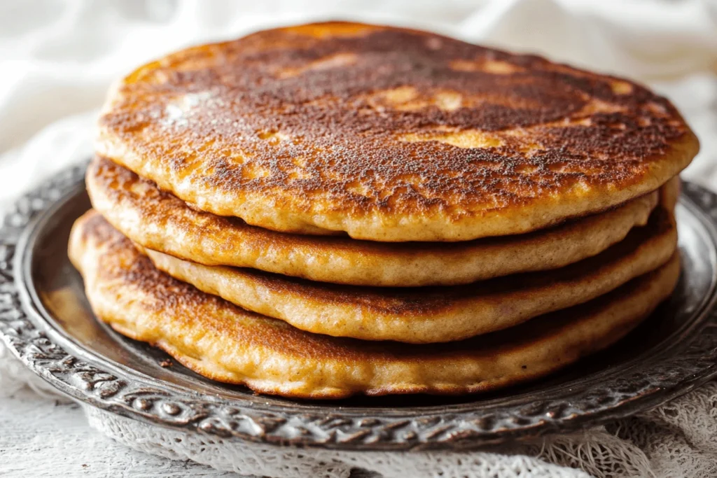 Stack of fluffy golden-brown pancakes served on a rustic metal plate.