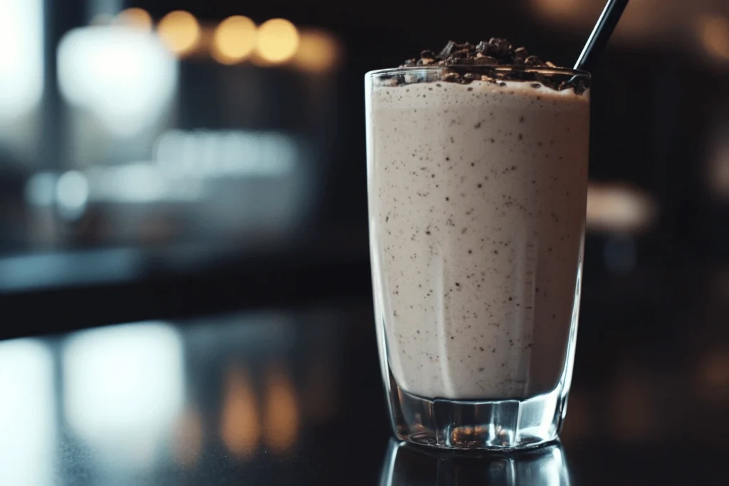 Close-up of a cookies & cream milkshake topped with crushed Oreo crumbs in a glass.