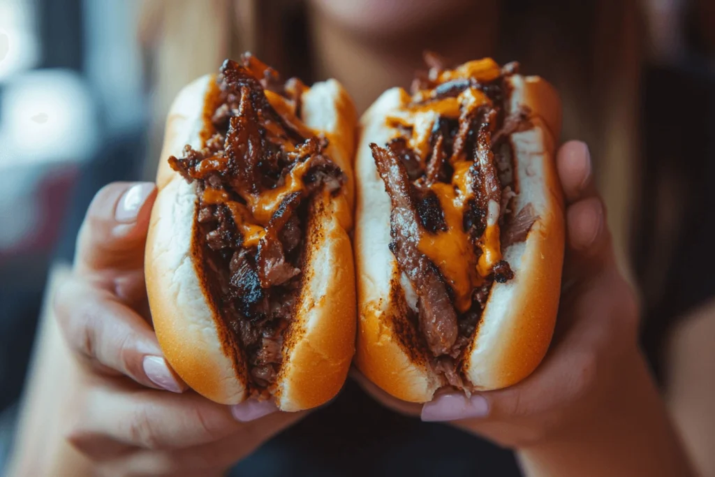 Two cheesesteak sandwiches loaded with tender beef, melted cheese, and served in soft buns.