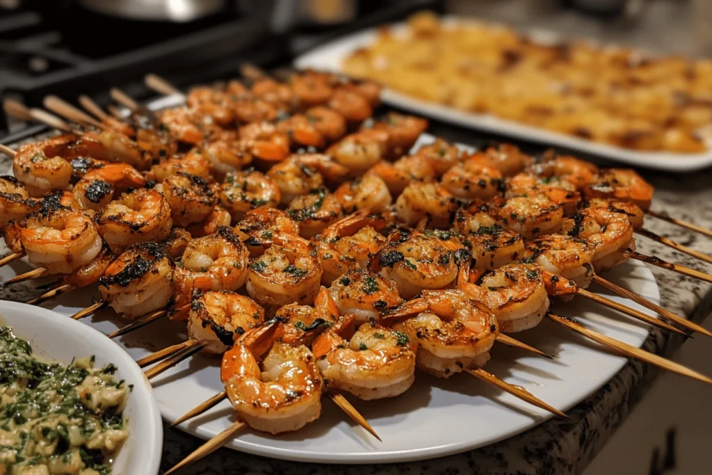 Grilled shrimp skewers seasoned with herbs and served on a white platter.