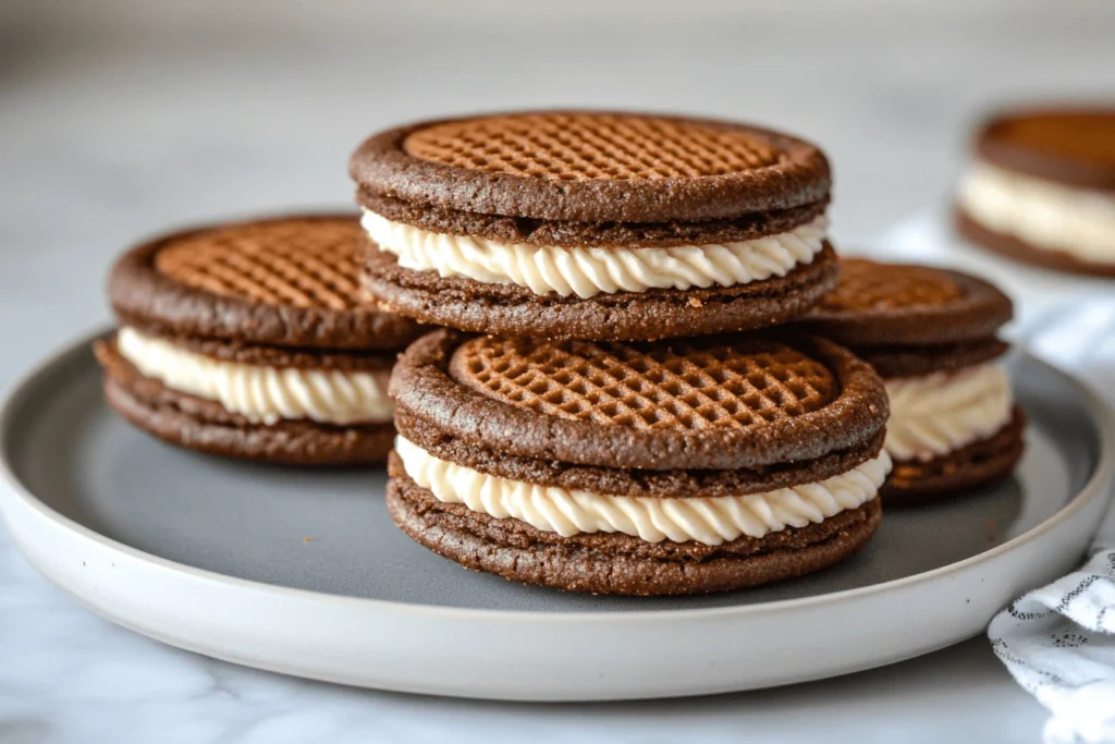 Chocolate wafer cookie sandwiches filled with creamy vanilla frosting, arranged on a gray plate.