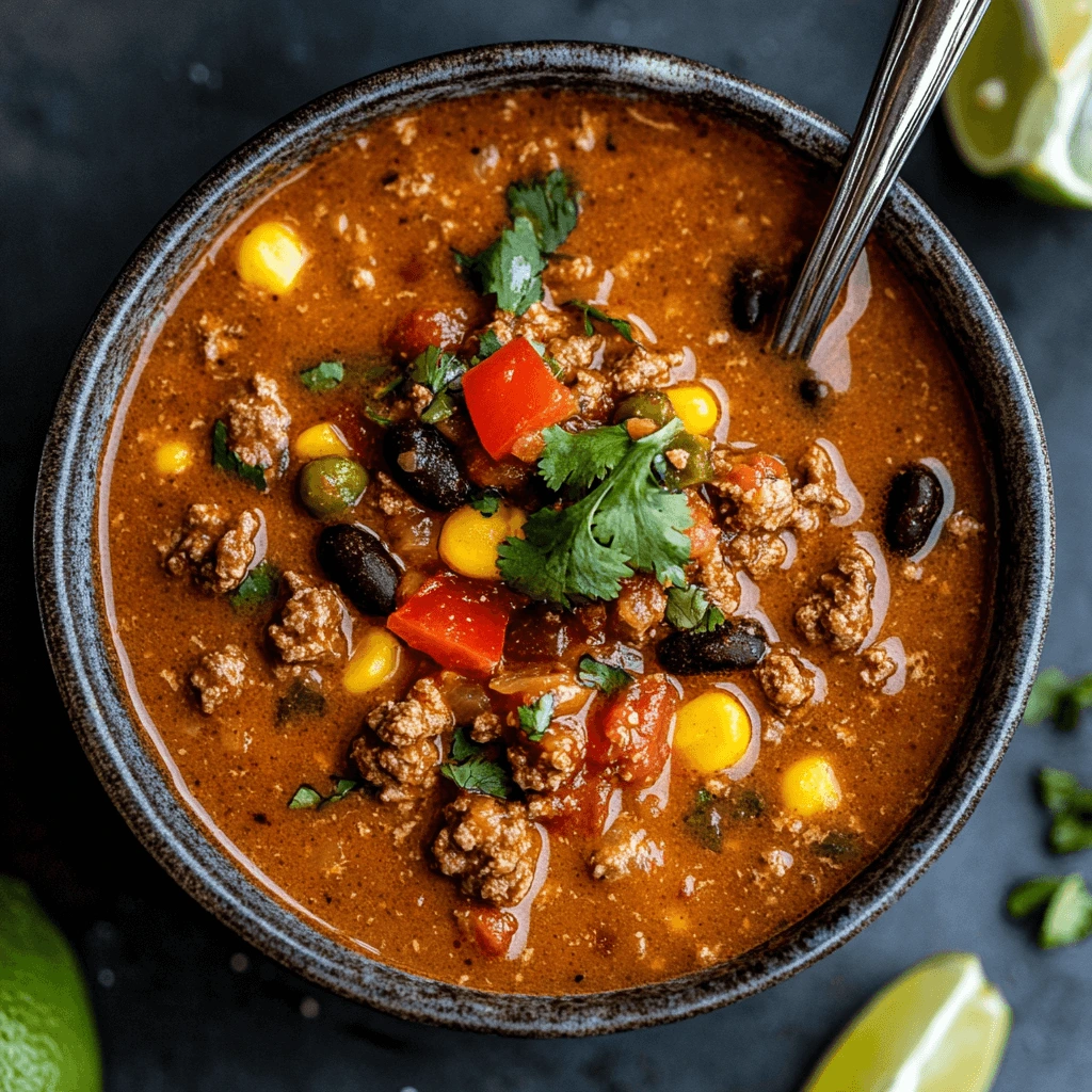 A hearty bowl of taco soup featuring ground beef, beans, corn, diced tomatoes, and crispy Frios, garnished with fresh cilantro, shredded cheese, and tortilla chips.